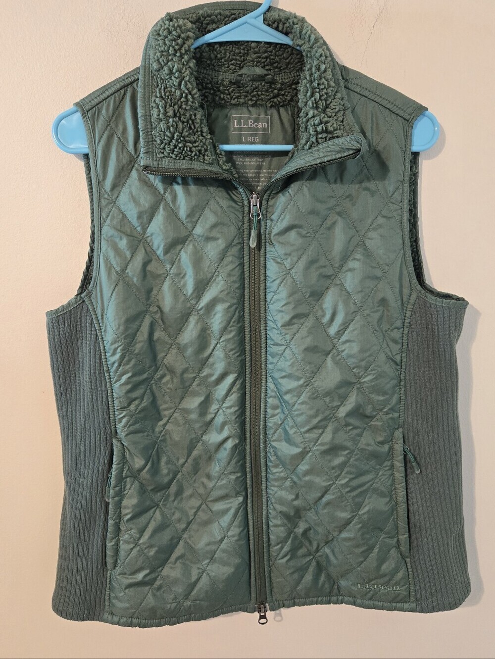 L.L.Bean Women's Large Quilted Sweater Fleece Vest Green Full Zip Sherpa Lined